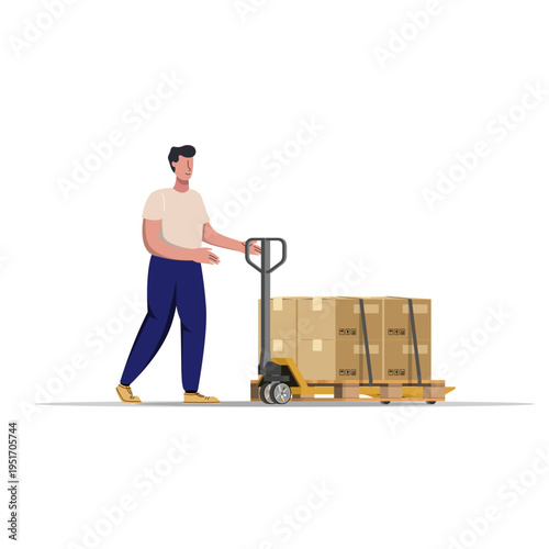 Warehouse Worker Using Manual Pallet Jack to Move Cardboard Boxes Vector Illustration