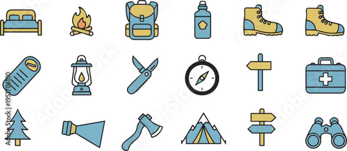Camping and hiking icons on white background