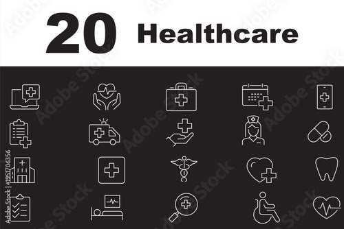 Healthcare set of web icons in line style. Medicine and Health Care linear icon collection. Containing emergency, doctor, treatment, medical, report, diagnosis, health, prevention. Editable stroke