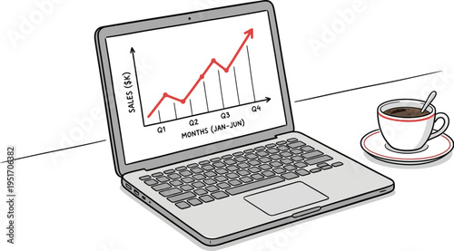 Laptop with business sales growth chart and coffee cup