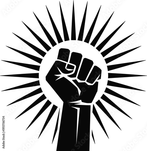 Raised fist with sunburst symbolizing power, freedom, and activism