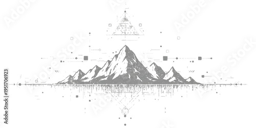 A blurry grayscale illustration of a mountain range with a tower in the background and mathematical symbols scattered around