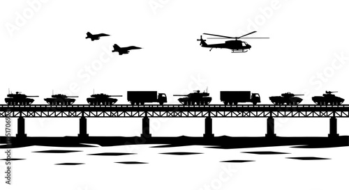 Military vehicles and aircrafts crossing a bridge over water in a dramatic silhouette scene