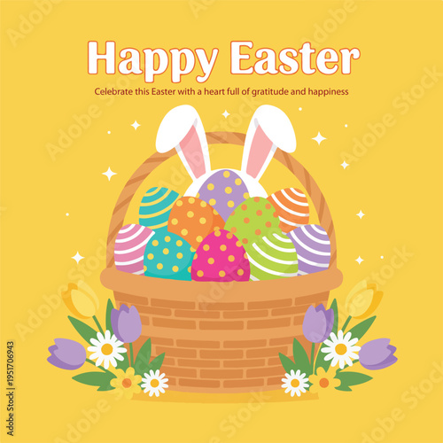 Happy Easter Celebration Background with Colorful Eggs, Spring Flowers, Bunny, Festive Greeting Card Design