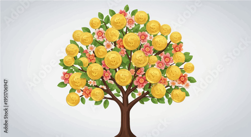 Stylized money tree with golden coins and green leaves on white background wealth symbol vector illustration