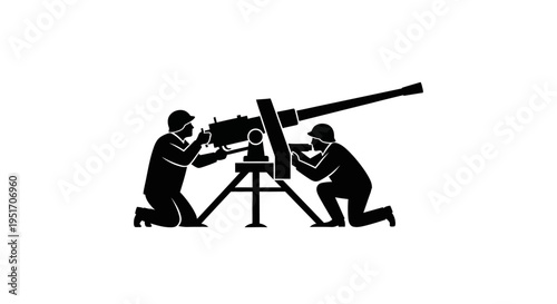 Two soldiers operating a large artillery gun kneeling aiming military teamwork strategy defense weapon war combat army black silhouette white background