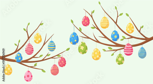 Colorful decorated Easter eggs hanging on blossoming tree branches spring scene vector illustration