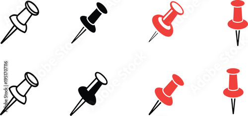 Eight of red and black push pins on a white background thumbtack stationery office supply