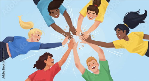 Diverse group of people joining hands in circle unity and teamwork vector illustration