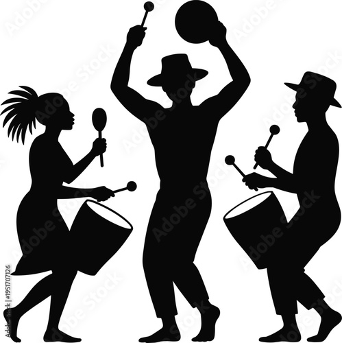 Silhouettes of people playing drums and percussion instruments in a lively performance