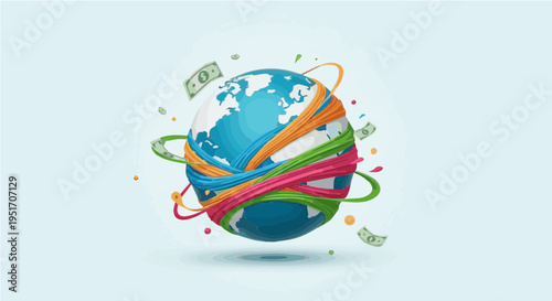 Globe surrounded by colorful money trails and financial symbols growth concept vector illustration