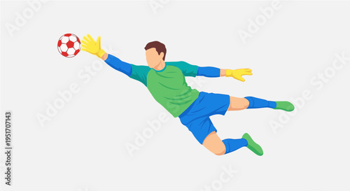 Cartoon goalkeeper diving to catch soccer ball with gloves in dynamic action vector illustration
