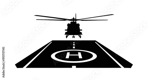 Black helicopter silhouette landing on helipad with white markings on solid background