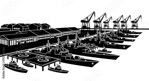 Industrial harbor scene with cargo ships and cranes at a bustling port facility with warehouses