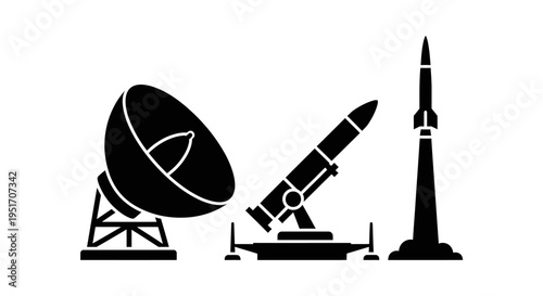 Black silhouettes of satellite dish missile and rocket on white background representing space technology and communication