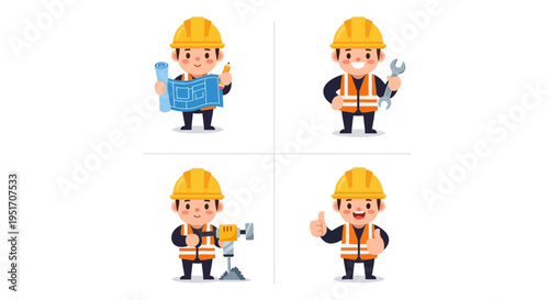 Construction Worker Character Set Builder Cartoon Vector Illustrations Isolated on White Background