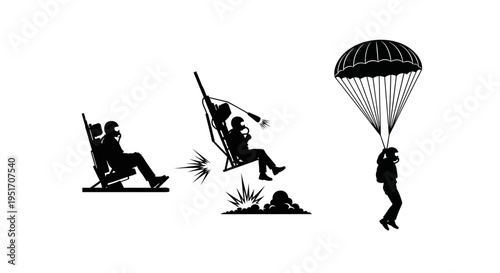 Silhouette illustrations of people in relaxing and adventurous poses reclining swinging and parachuting