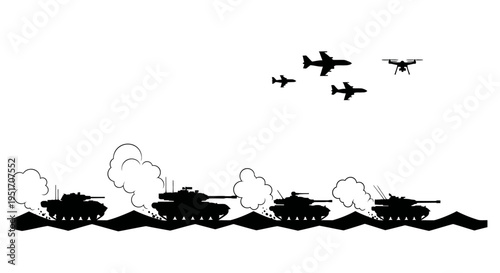 Military vehicles and aircraft in combat war scene with tanks and planes in black silhouette on white background