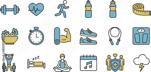fitness icons with blue and yellow colors on white background