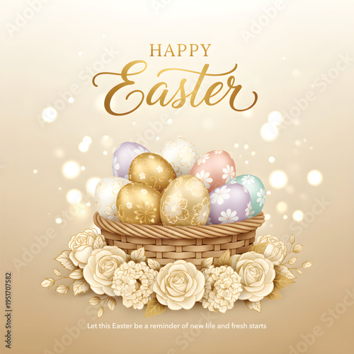 Happy Easter Celebration Background with Colorful Eggs, Spring Flowers, Bunny, Festive Greeting Card Design