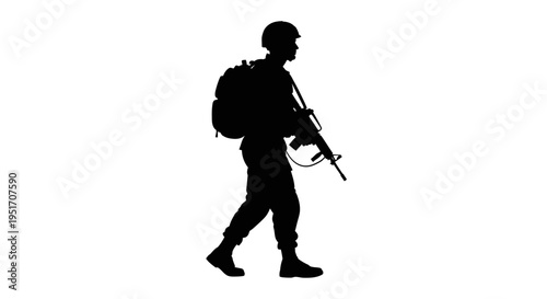 Soldier walking with backpack and rifle in hand on white background symbolizing military service and protection