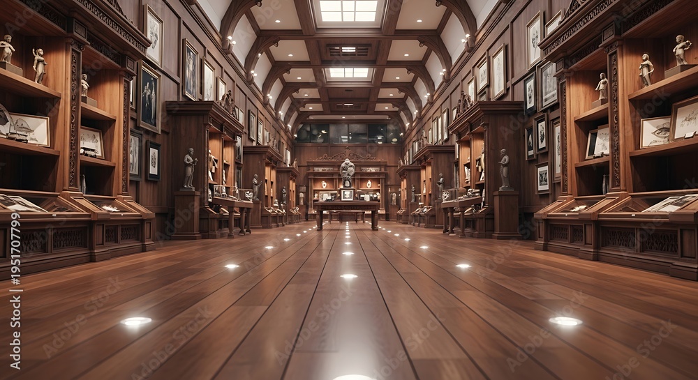 Fototapeta premium Long exposure of a grand library with wooden shelves and floor