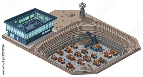 Isometric Open-Pit Mine with Trucks and Processing Plant.