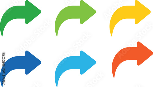 Six colorful curved arrows pointing right on a white background right arrow green arrow