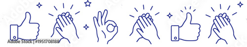 Minimal line art hand gestures set – like, clapping, ok sign vector icons in modern outline style