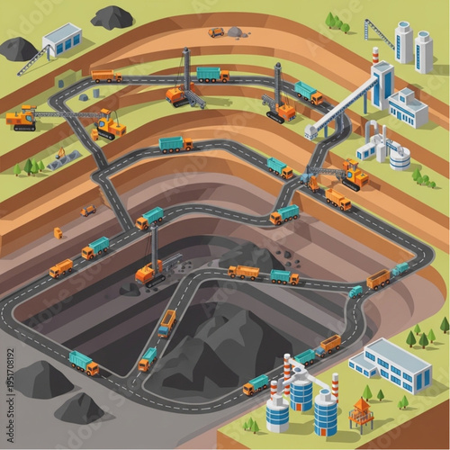 Isometric Open-Pit Mining Operation with Trucks and Machinery.