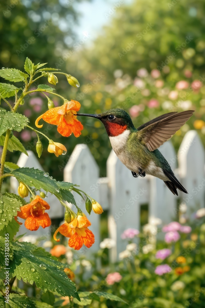 Obraz premium A hummingbird, its iridescent feathers shimmering in the sunlight, hovers by a bright orange touch-me-not flower in a lush garden framed by a white picket fence
