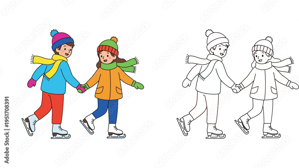 Fototapeta premium Cute boy and girl ice skating holding hands, winter activity vector illustration with coloring page line art version.
