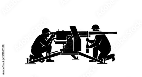Two soldiers in combat gear operating a large machine gun in a tactical stance on a white background