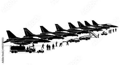 Military aircraft fleet on airfield with ground crew servicing and refueling preparation for mission