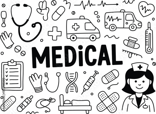 Medical doodle illustration set, playful hand drawn healthcare symbols and icons depicting medicine treatment and wellness concepts for educational and design use.