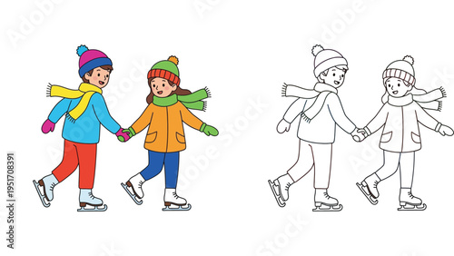 Cute boy and girl ice skating holding hands, winter activity vector illustration with coloring page line art version.