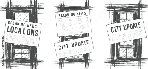 Three newspaper headlines breaking news city update local news in a sketchy window frame style