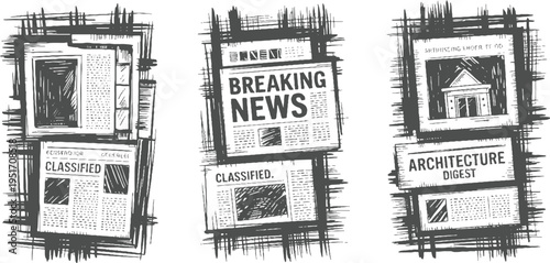 Three newspaper sections with headlines classified breaking news and architecture digest in style black