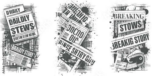 Three panels of distressed newspaper headlines and ink splatters in a style breaking story daily