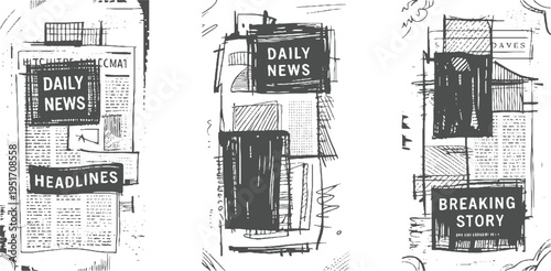 Hand drawn newspaper sections with headlines daily news and breaking story in grayscale