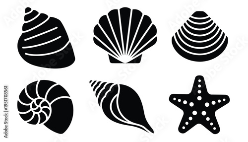 Sea Shell Black Icons Set Clam Starfish Conch Cockleshell