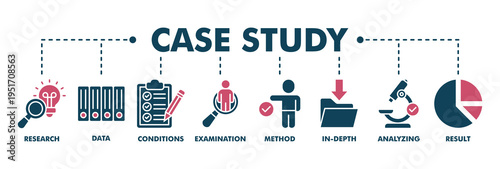 Case study banner web fill vector illustration concept with icon of research, data, conditions, examination, method, in-depth, analyzing, and result