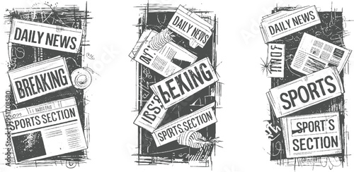 Vintage newspaper clippings featuring daily news breaking sports section headlines in monochrome