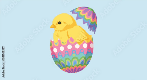 Cute yellow chick hatching from beautifully decorated colorful Easter egg on light blue background vector illustration