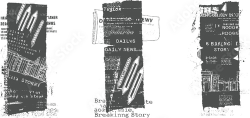 Three distressed newspaper fragments featuring pencils and text vintage grunge