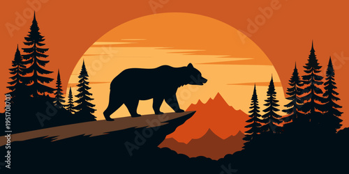 Bear silhouette walks on rocky cliff edge. Pine forest and mountain landscape during vibrant orange sunset. Wild nature scene with graphic grunge art style.
