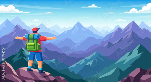 Happy hiker standing on mountain peak with backpack admiring scenic view vector illustration