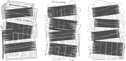 Stacked newspapers with headlines breaking news and local events obscured by dark scribbles and abstract shapes