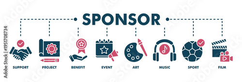 Sponsor banner web fill vector illustration concept with icon of support, project, benefit, art, event, music, sport, and film