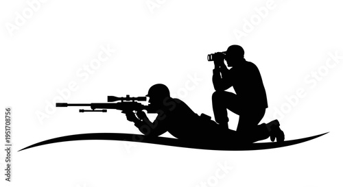 Soldiers in tactical position one with sniper rifle and the other with binoculars on white background